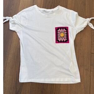 NAF NAF VTG Short Sleeve Tie Crochet Tee Shirt White Women's Size Medium